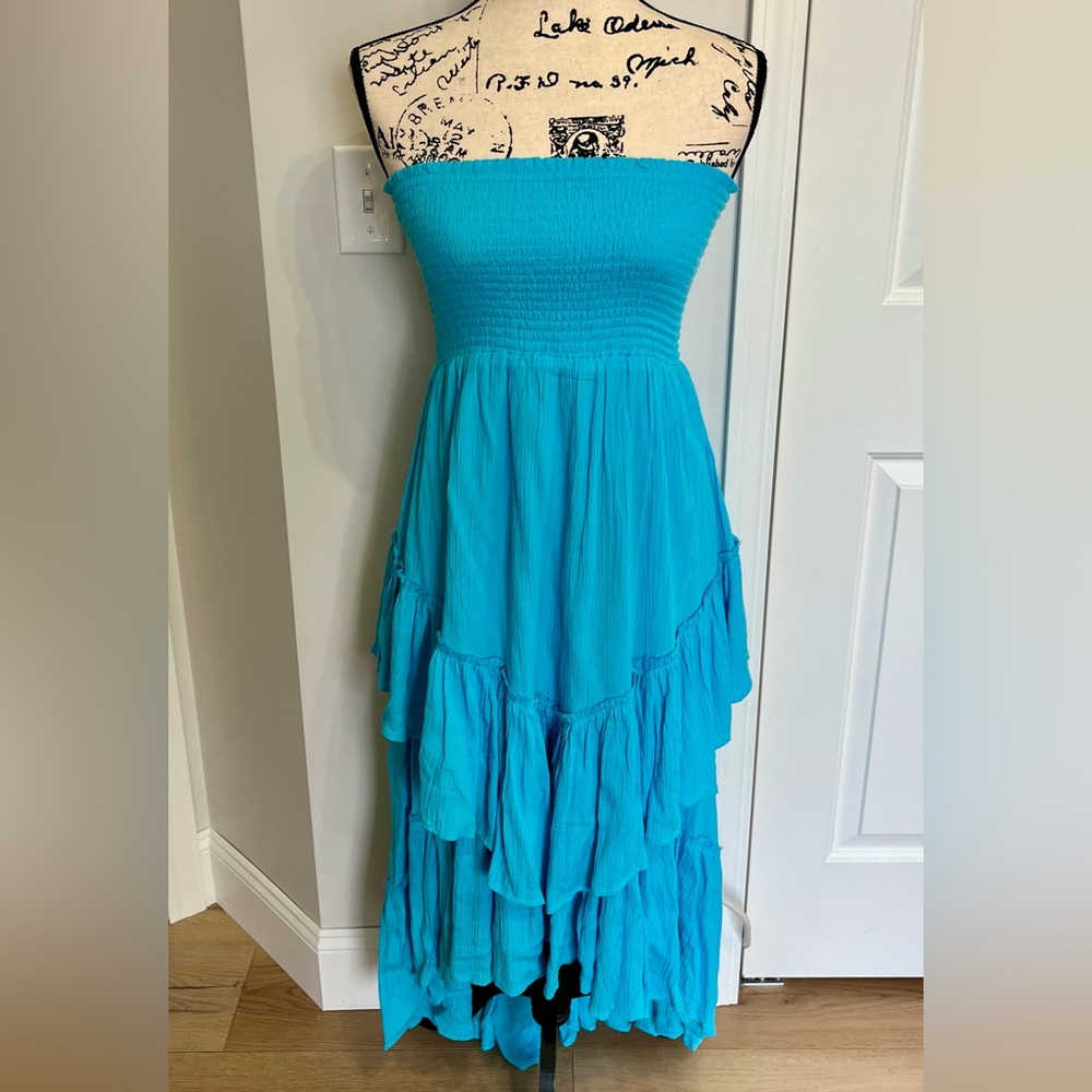 VENUS Strapless Smocked High- Low Ruffle Dress